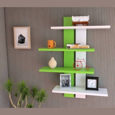 OnlineCraft wooden wall shelf double patti green ,white Wooden Wall Shelf(Number of Shelves - 4, Green)