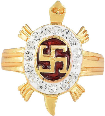 morir Gold Plated CZ Studded Swastik/Swastika Symbol on Tortoise Turtle Shape Vaastu Fengshui Kachua Good Luck Charm Finger Ring for Unisex Brass Cubic Zirconia Gold Plated Ring