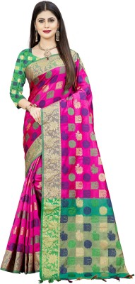 Dwiza Enterprise Self Design, Woven, Checkered Banarasi Jacquard, Cotton Silk Saree(Pink)