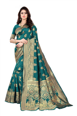 shiv creation Woven Kanjivaram Jacquard, Pure Silk Saree(Light Blue)
