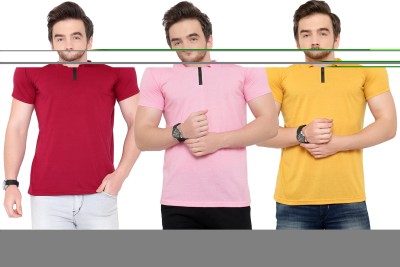 Tivy Solid Men Polo Neck Maroon, Pink, Yellow T-Shirt