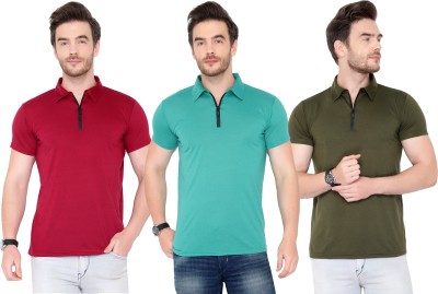 Tivy Solid Men Polo Neck Dark Green, Red, Light Green T-Shirt