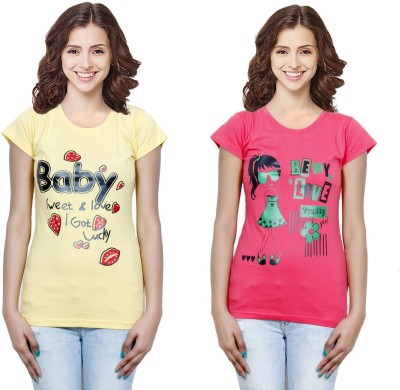 KAYU Printed Women Round Neck Pink, Yellow T-Shirt