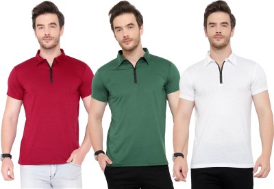 Adorbs Solid Men Polo Neck Dark Green, White, Maroon T-Shirt