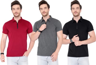 Adorbs Solid Men Polo Neck Maroon, Black, Grey T-Shirt