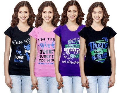 Indistar Printed Women Round Neck Blue, Black, Pink T-Shirt