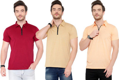 Adorbs Solid Men Polo Neck Maroon, Pink, Beige T-Shirt