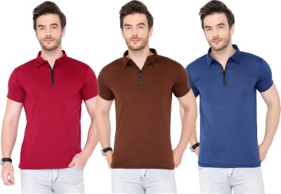 Adorbs Solid Men Polo Neck Dark Blue, Brown, Maroon T-Shirt