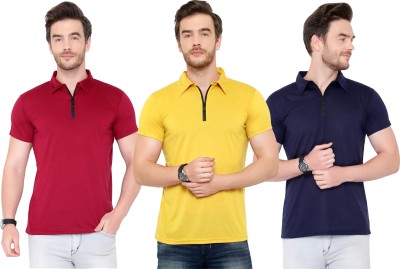 PHINSTAR Solid Men Polo Neck Dark Blue, Maroon, Yellow T-Shirt