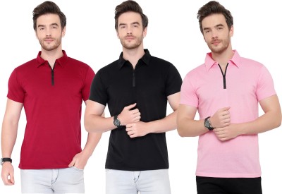 Adorbs Solid Men Polo Neck Maroon, Pink, Black T-Shirt