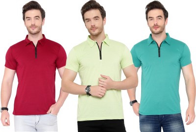 Adorbs Solid Men Polo Neck Maroon, Light Green T-Shirt