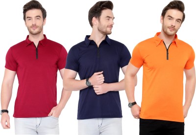 Tivy Solid Men Polo Neck Dark Blue, Maroon, Yellow T-Shirt