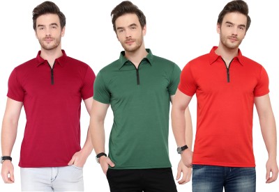 PHINSTAR Solid Men Polo Neck Dark Green, Red, Maroon T-Shirt