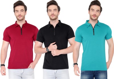 Adorbs Solid Men Polo Neck Light Blue, Maroon, Black T-Shirt