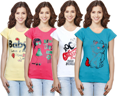 Indistar Printed Women Round Neck Multicolor T-Shirt