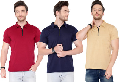Adorbs Solid Men Polo Neck Dark Blue, Maroon, Beige T-Shirt