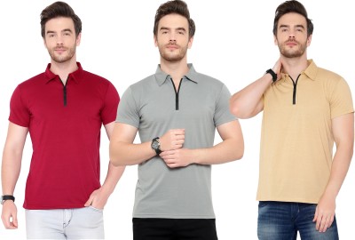 Adorbs Solid Men Polo Neck Maroon, Beige, Grey T-Shirt