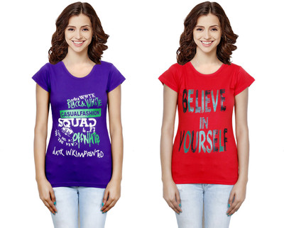 Indistar Printed Women Round Neck Purple, Red T-Shirt