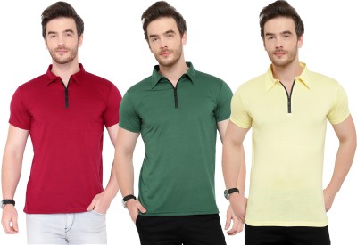 Tivy Solid Men Polo Neck Dark Green, Maroon, Yellow T-Shirt