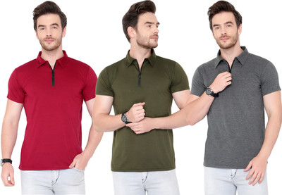Adorbs Solid Men Polo Neck Dark Green, Red, Grey T-Shirt