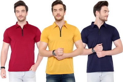 PHINSTAR Solid Men Polo Neck Dark Blue, Maroon, Yellow T-Shirt