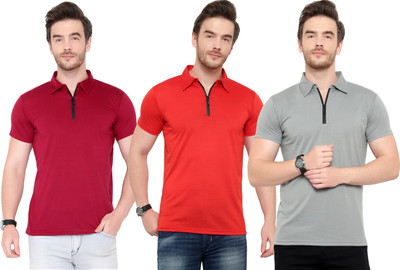 Adorbs Solid Men Polo Neck Purple, Red, Grey T-Shirt