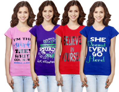 Indistar Printed Women Round Neck Red, Blue, Pink T-Shirt