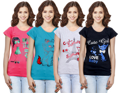 Indistar Printed Women Round Neck Multicolor T-Shirt