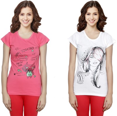 IndiWeaves Printed Women Round Neck White, Pink T-Shirt