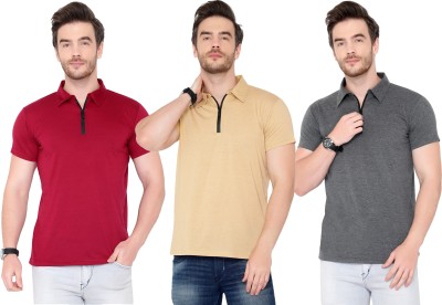 Adorbs Solid Men Polo Neck Maroon, Grey, Beige T-Shirt