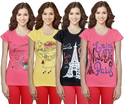 Indistar Printed Women Round Neck Multicolor T-Shirt
