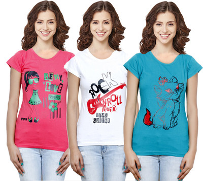 Indistar Printed Women Round Neck White, Blue, Pink T-Shirt
