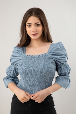 PRETTY LOVING THING Casual 3/4 Sleeve Solid Women Blue Top