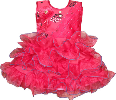 Maruf Girls Midi/Knee Length Party Dress(Red, Sleeveless)