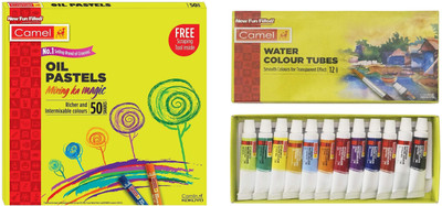 Camlin Set of 50 Shades Oil Pastels with Scrapping tools and 12 Shades Student Water Colour Tube