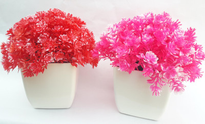 BINTEN Red, Pink Wild Flower Artificial Flower  with Pot(6 inch, Pack of 2, Flower Bunch)