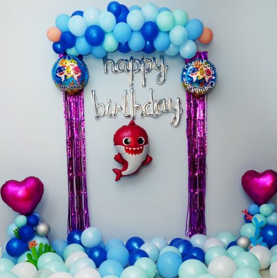 CherishX.com Solid Baby Shark Theme Birthday Party Decorations - Pack of 117 Pcs - Baby shark shape, Cursive Happy Birthday Foil Balloon, Curtain Frills, Pastel & Metallic Balloon, Fairy Light, Pump Balloon(Multicolor, Pack of 117)