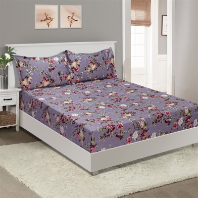 SWAYAM 210 TC Cotton Double Floral Fitted (Elastic) Bedsheet(Pack of 1, Grey,Red)