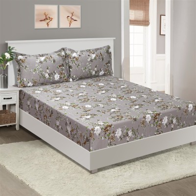 SWAYAM 210 TC Cotton Double Floral Fitted (Elastic) Bedsheet(Pack of 1, Grey,Brown)