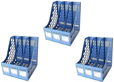 MOSHTU 3 Compartments PLASTIC FILE RACK HOLDER(Blue)