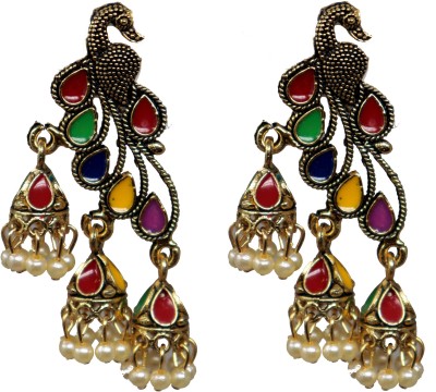 Happy Stoning Happy Stoning Gold Plated Peacock Inspired Jhumka Earrings for women Beads Brass Jhumki Earring
