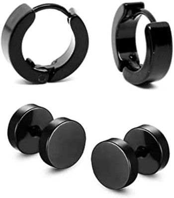 Crazy Fashion Combo of Black Dumbell + Black Hoop Earrings for Boys/Mens/Girls/Women (2 Pair) Metal Stud Earring