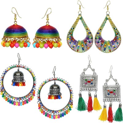 YOTOG Colorful Earrings Combo set of 4 Earring pairs for girls and women. Alloy-Based Stylish Party Wear Jhumkas, Drops, Ear threads with Fancy Multicolor Beads and Threads Alloy Earring Set, Drops & Danglers, Jhumki Earring, Tassel Earring, Hoop Earring, Ear Thread