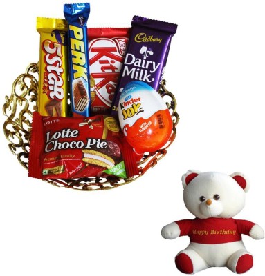 Cadbury Gift For Your Loved With Birthday Teddy | Birthday Gift Hamper | Birthday Surprise | Birthday Gift Combo(1 Basket of 1 Dairy Milk (13.2g), 1 Kit Kat (12.8g), 1 5 Star (25g), 1 Lotte Choco Pie (25g), 1 Perk (13g), 1 Kinder Joy , 1 Happy Birthday Teddy)