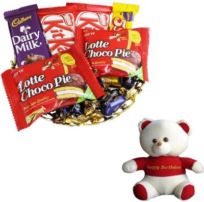 Cadbury Happy Birthday Teddy and Chocolate Basket Hamper Combo(1 Basket of 2 Pcs Lotte Choco Pie (25g) 2 Pcs Kit Kat (12.8g), 1 Dairy Milk (13.2g), 1 5 Star (25g), 5 Pcs Eclairs, 1 Happy Birthday Teddy)