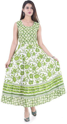 RAJDEVI JAIPUR PRINTS Women A-line Green, White Maxi/Full Length Dress
