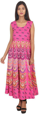 RAJDEVI JAIPUR PRINTS Women Fit and Flare Pink Maxi/Full Length Dress