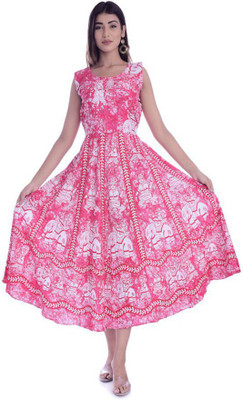 RAJDEVI JAIPUR PRINTS Women A-line Pink, White Maxi/Full Length Dress