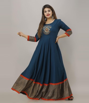 Gouri Women Embroidered Flared Kurta(Blue)