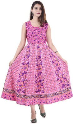 RAJDEVI JAIPUR PRINTS Women Fit and Flare Pink Dress